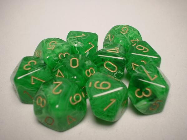 Chessex (27235): D10: Vortex: Green/Gold 