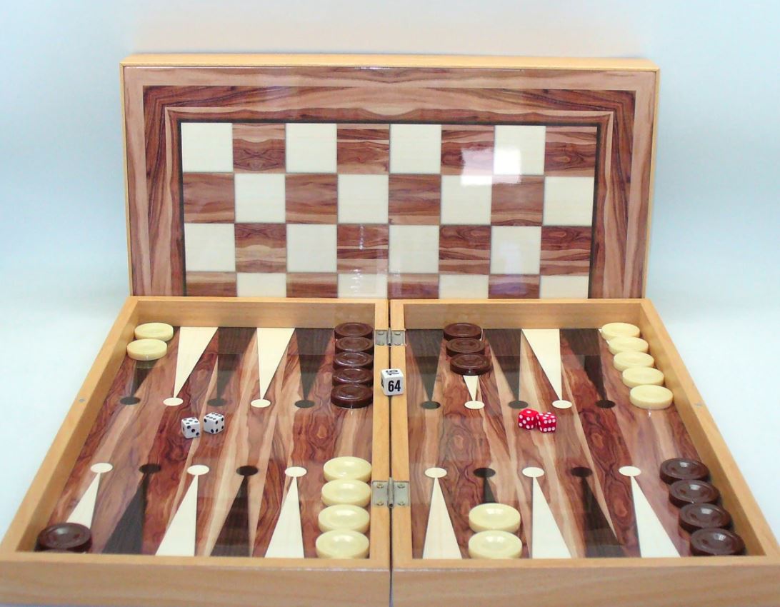 Backgammon: 19" Walnut Decoupage with Chess Backboard 