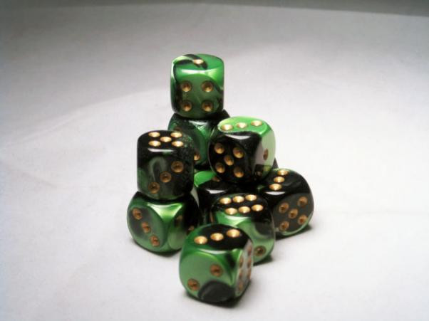 Chessex (26639): D6: 16mm: Gemini: Black Green/Gold 