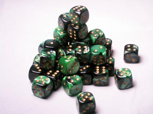 Chessex (26839): D6: 12mm: Gemini: Black Green/Gold 