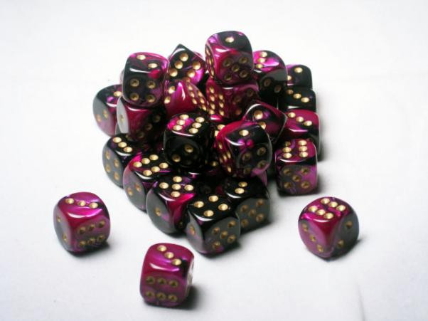 Chessex (26840): D6: 12mm: Gemini: Black Purple/Gold 