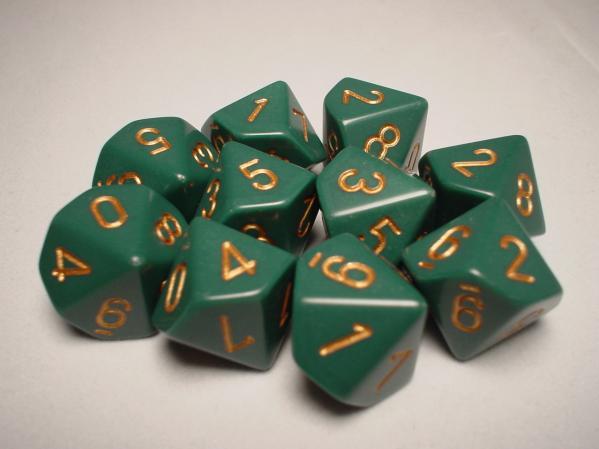 Chessex (25215): D10: Opaque: Green/Copper 