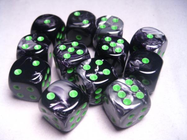 Chessex (26645): D6: 16mm: Gemini: Black Grey/Green 