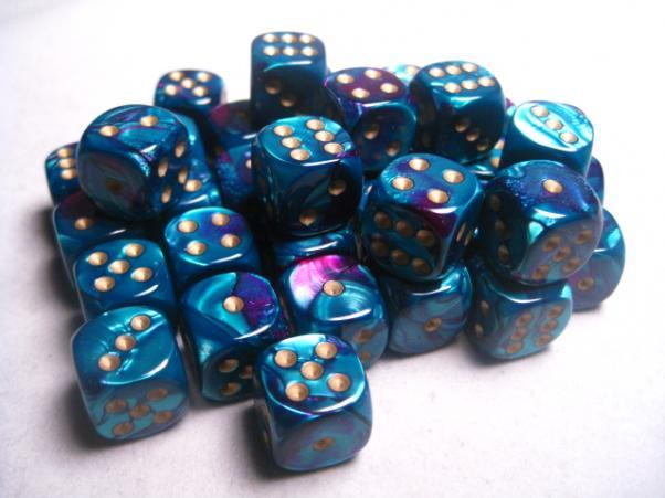 Chessex (26849): D6: 12mm: Gemini: Purple Teal/Gold 