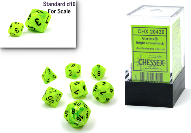 Chessex (20430): Mini Polyhedral 7-Die Set: Vortex: Bright Green/black  