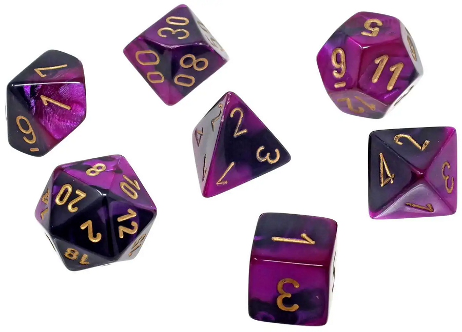 Chessex (20640): Mini Polyhedral 7-Die Set: Gemini Black-Purple/Gold 