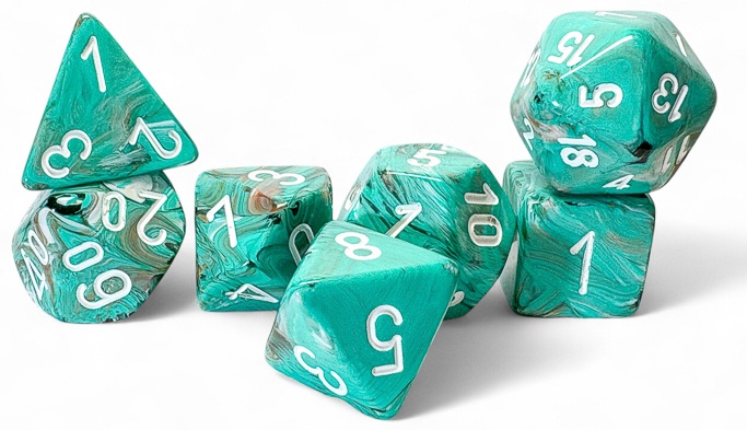 Chessex (22403): Mega-Hedral 7-Die Set: Marble (Oxi-Copper / White)  
