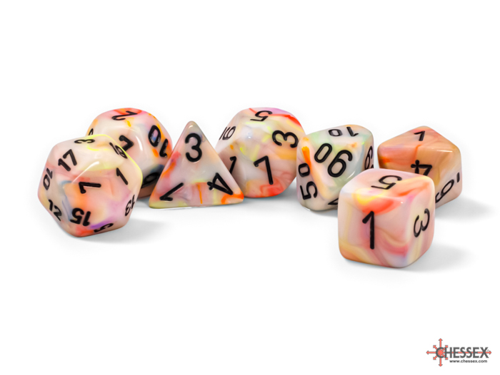 Chessex (22442): Mega-Hedral 7-Die Set: Festive (Circus / Black) Black Light Reactive 