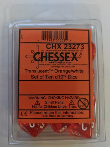 Chessex (23273): D10: Translucent: ORANGE WHITE 