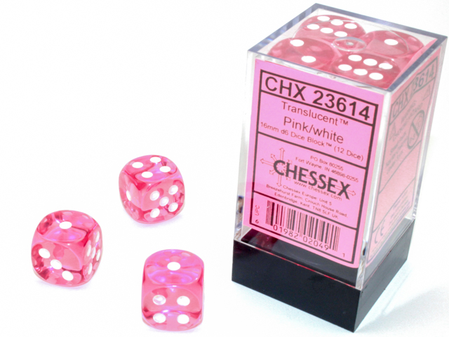Chessex (23614): D6: 16mm: Translucent: Pink/White 