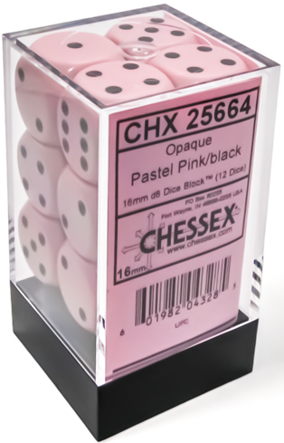 Chessex (25664): D6: 16mm: Opaque: Pastel Pink/Black 