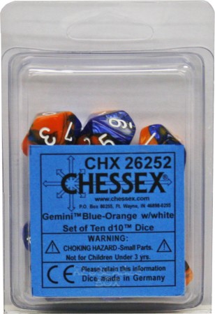 Chessex (26252): D10: Gemini: Blue/Orange w/White Set 