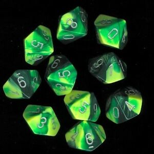 Chessex (26254): D10: Gemini: Green-Yellow with Silver 