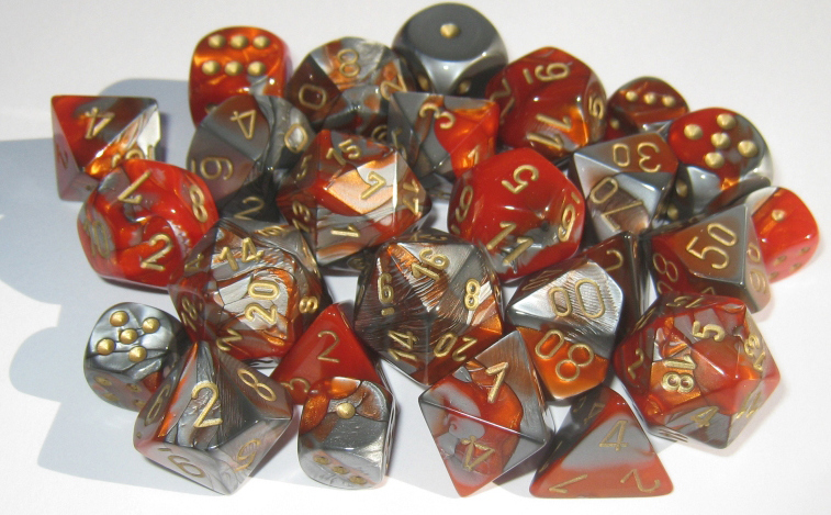 Chessex (26261): D10: Gemini #7: Orange-Steel/Gold 