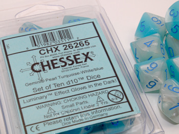 Chessex (26265): D10: Gemini: Pearl Turquoise/Blue Luminary 