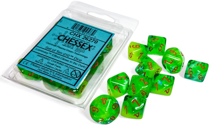 Chessex (26270): D10: Gemini: Plasma Green-Teal/Orange Luminary 