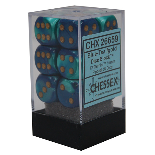 Chessex (26659): D6: 16mm: Gemini: Blue-Teal/Gold 