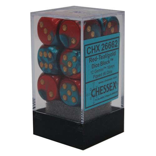 Chessex (26662): D6: 16mm: Gemini #7: Red-Teal/Gold 
