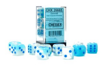 Chessex (26665): D6: 16mm: Gemini: Turquoise-White/Blue Luminary 