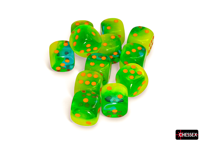 Chessex (26670): D6: 16mm: Gemini: PLASMA GREEN-TEAL/ORANGE LUMINARY 