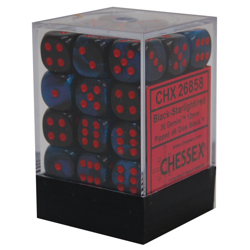 Chessex (26858): D6: 12mm: Gemini #7: Black-Starlight/Red 