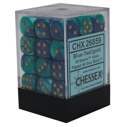 Chessex (26859): D6: 12mm: Gemini #7: Blue-Teal/Gold 