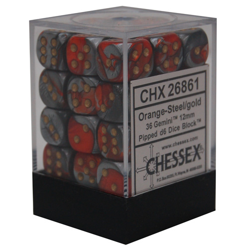 Chessex (26861): D6: 12mm: Gemini #7: Orange-Steel/Gold 