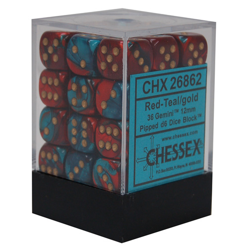 Chessex (26862): D6: 12mm: Gemini #7: Red-Teal/Gold 