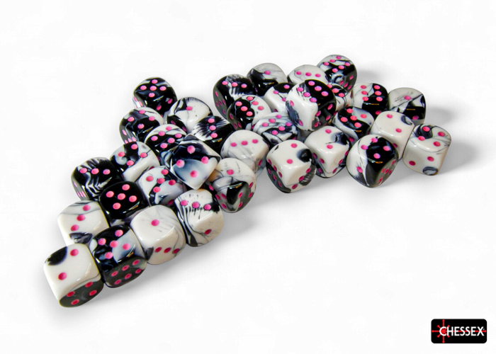 Chessex (26869): D6: 12mm: Gemini: BLACK-WHITE/PINK 