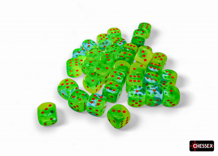 Chessex (26870): D6: 12mm: Gemini: PLASMA GREEN-TEAL/ORANGE LUMINARY 