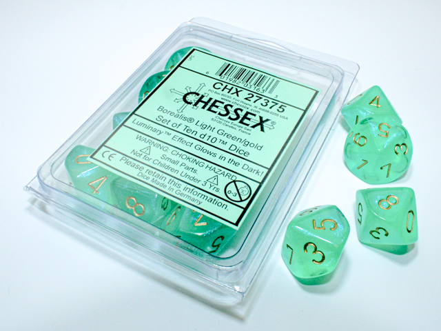 Chessex (27375): D10: Borealis: Light Green/Gold Luminary 