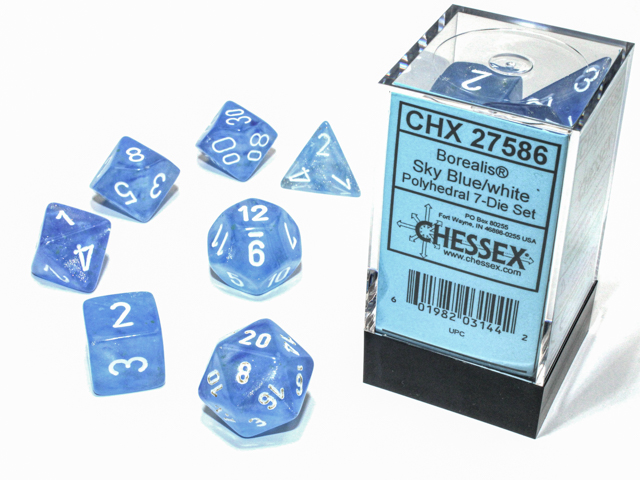 Chessex (27586): Polyhedral 7-Die Set: Borealis: Sky Blue/White with Luminary 