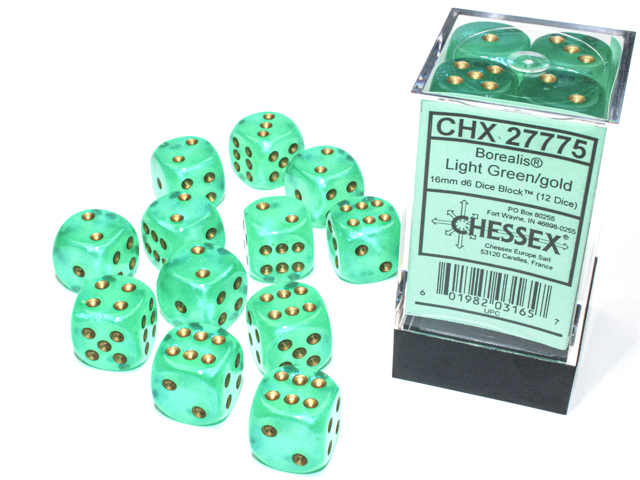 Chessex (27775): Borealis D6 16MM Light Green/Gold Luminary (12) 