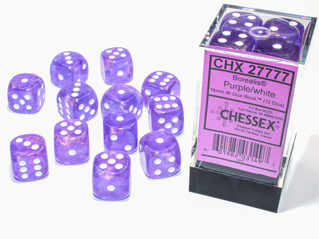 Chessex (27777): Borealis D6 16MM Purple/White Luminary (12) 