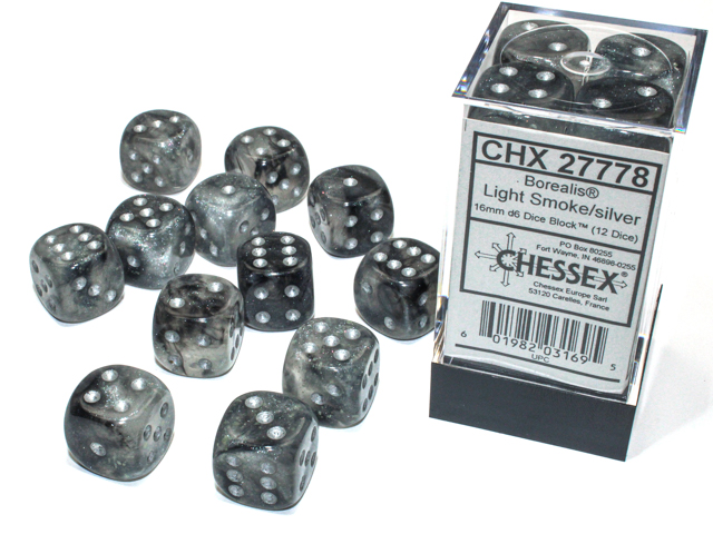 Chessex (27778): Borealis D6 16MM Light Smoke/Silver Luminary (12) 