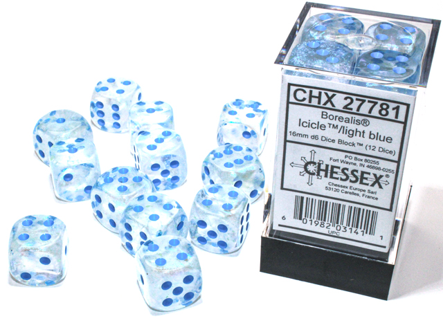 Chessex (27781): Borealis D6 16MM Icicle/Light Blue Luminary (12) 