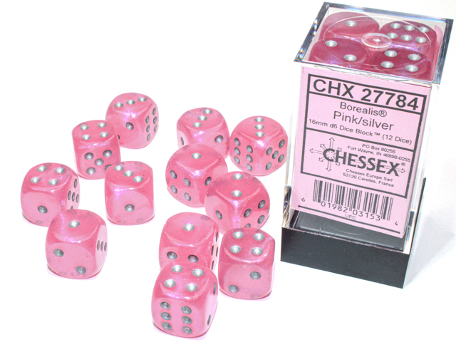Chessex (27784): Borealis D6 16MM Pink/Silver Luminary (12) 