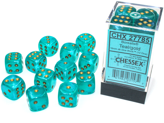 Chessex (27785): Borealis D6 16MM Teal/Gold Luminary (12) 