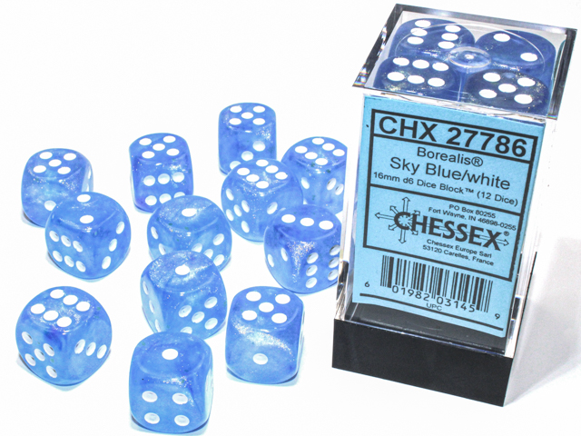 Chessex (27786): Borealis D6 16MM Sky Blue/White Luminary (12) 