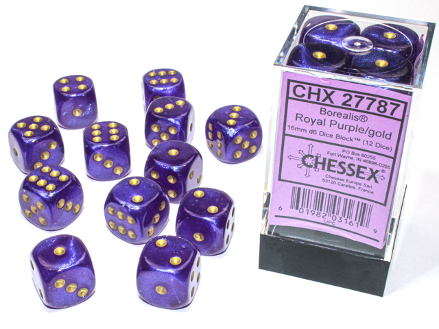 Chessex (27787): Borealis D6 16MM Purple/Gold Luminary (12) 