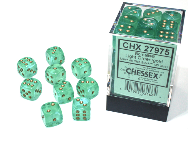 Chessex (27975): Borealis D6 12MM Light Green/Gold (36) 