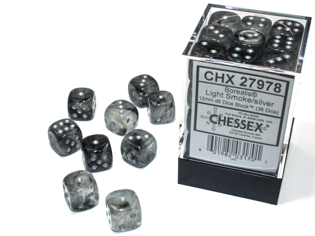 Chessex (27978): Borealis D6 12MM Light Smoke/Silver (36) 