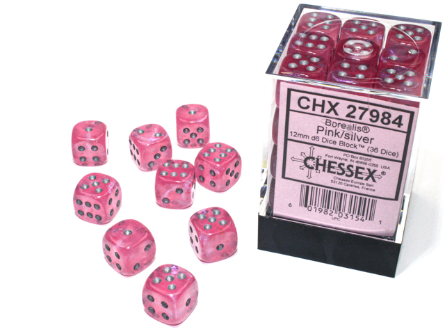 Chessex (27984): Borealis D6 12MM Pink/Silver (36) 