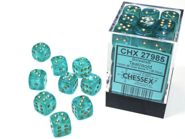 Chessex (27985): Borealis D6 12MM Teal/Gold (36) 