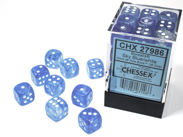 Chessex (27986): Borealis D6 12MM Sky Blue/White (36) 