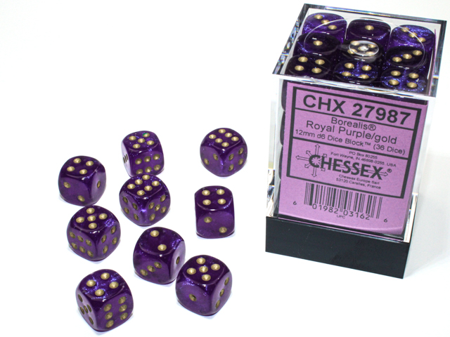 Chessex (27987): Borealis D6 12MM Royal Purple/Gold (36) 