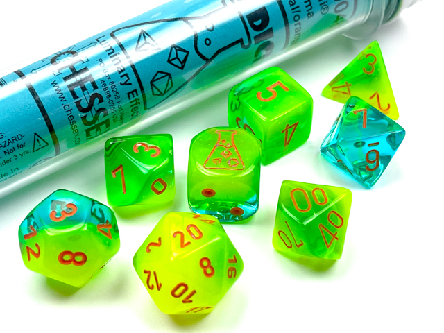 Chessex (30048): Polyhedral 7-Die Set: Plasma Green-Teal/Orange Luminary  