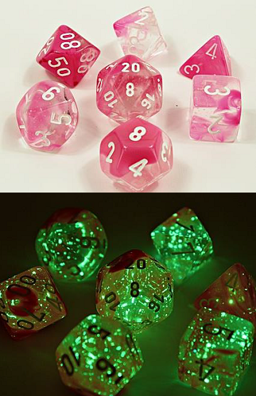 Chessex (30042): Polyhedral 7-Die Set: Gemini: Clear Pink/White Luminary 