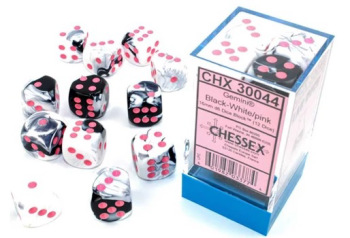 Chessex (30044): D6: 16mm: Gemini: BLACK-WHITE/PINK 