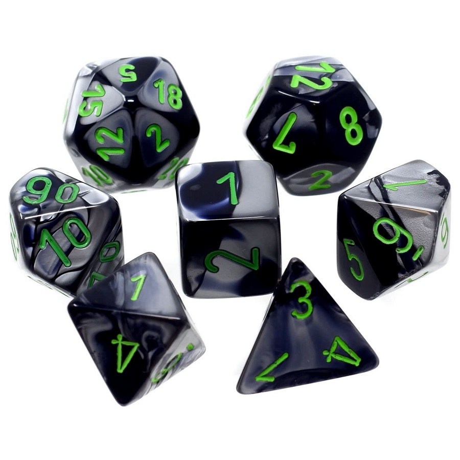 Chessex (CHX20645): Mini Polyhedral 7-Die Set: GEMINI: BLACK-GREY/GREEN 